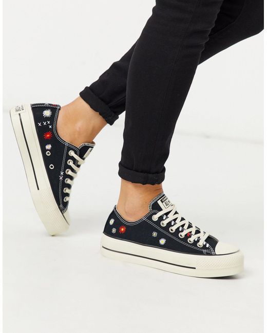 Converse Chuck Taylor Lift Platform Black Embroidered Floral Sneakers