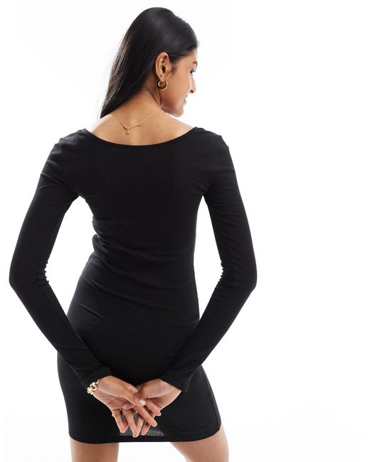 Pieces Black Button Front Long Sleeved Ribbed Mini Dress