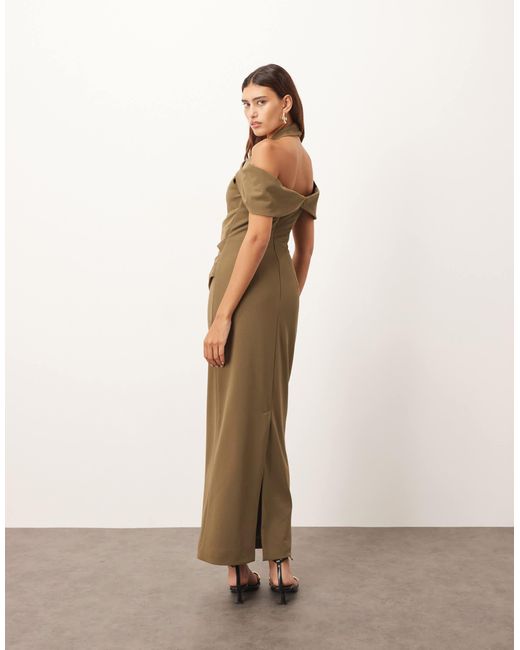 ARRANGE Off Shoulder Halter Maxi Dress With Gold Hardware in Natural | Lyst