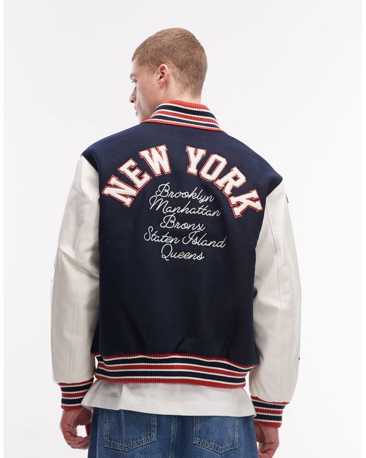 Tommy Hilfiger Blue Graphic Patch Logo Varsity Jacket With Leather Sleeves for men