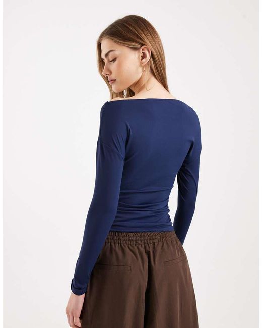 ASOS Blue Long Sleeve With Slash Neck And Ruching Top
