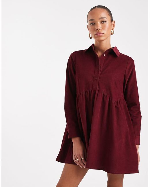 Wednesday's Girl Red Button Through Mini Cord Smock Dress