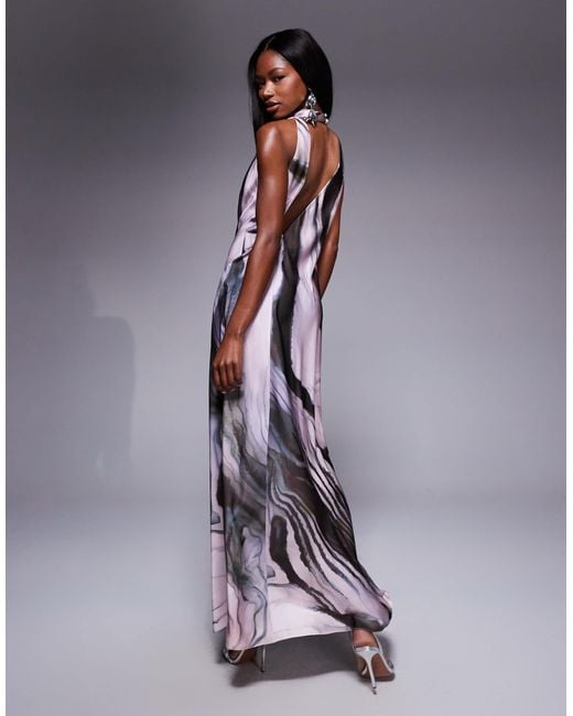 ASOS Purple High Neck Drape Maxi Satin Dress With Tucked Detail