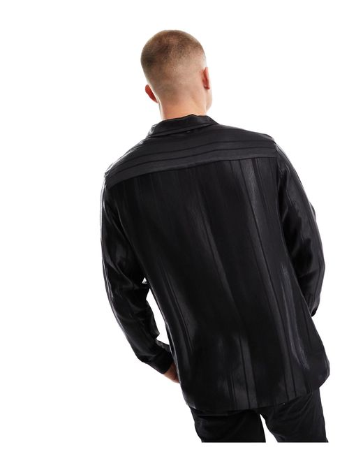 ASOS Black Relaxed Deep Revere Striped Jacquard Satin Shirt for men