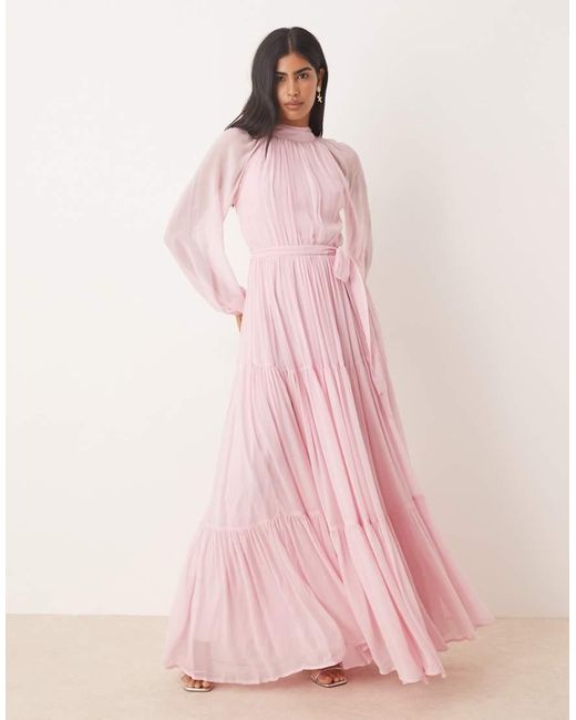 LACE & BEADS Pink Balloon Sleeve Tiered Maxi Dress
