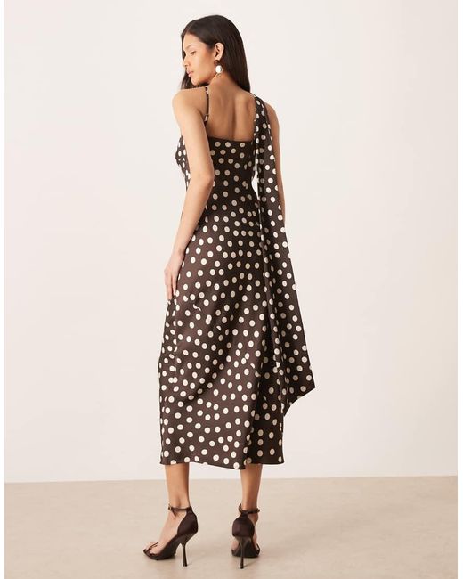 Pretty Lavish Natural Satin One Shoulder Scarf Neck Polka Dot Midaxi Dress