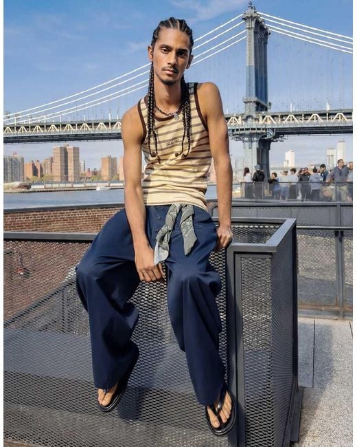 Bershka Blue Contrast Stripe Rib Vest Top for men