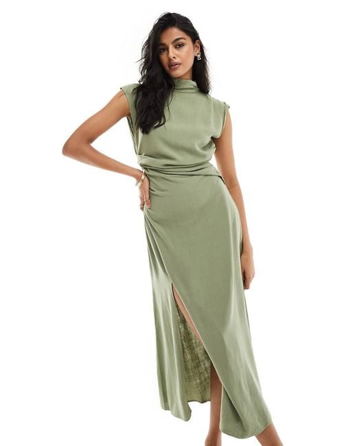 ASOS Linen High Neck Grown On Sleeve Midi Dress With Open Back And Button Neck Detail in Green | Lyst UK ASOS Linen High Neck Grown On Sleeve Midi Dress With Open Back And Button Neck Detail in Green | Lyst UK