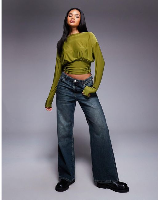 ASOS Green Slinky Asymmetric One Shoulder Long Sleeve Top With Cinch Waist Detail