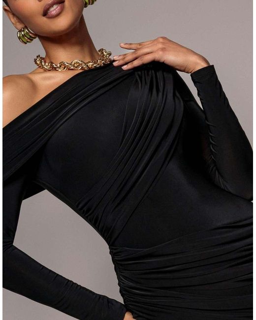 Goddiva Black Off Shoulder Gathered Panel Soft Touch Maxi Dress