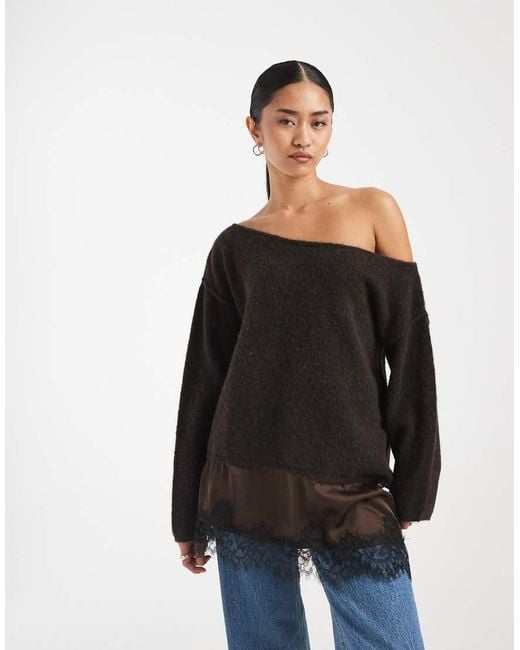 Miss Selfridge Black Fluffy Asym Jumper With Contrast Satin Lace Hem