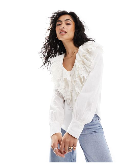 & Other Stories White Long Sleeve Relaxed Blouse With V Neck Double Ruffle Detail