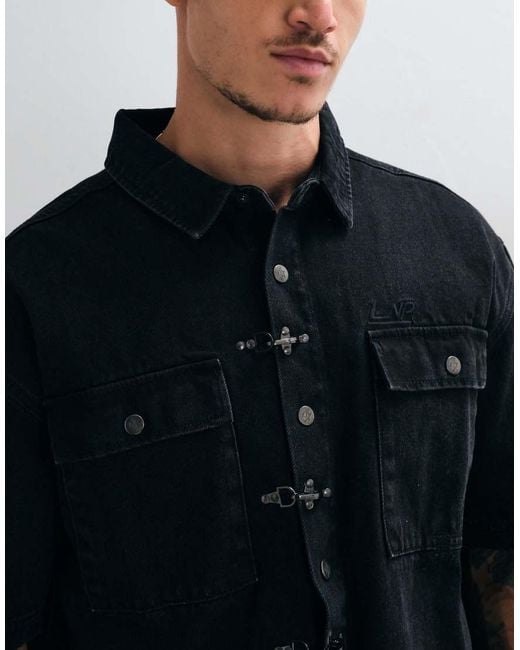 Liquor N Poker Blue Fireman Clasp Detail Denim Shirt for men