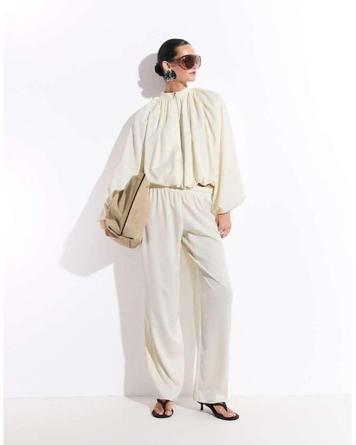 Missy Empire White Satin Balloon Sleeve Bomber Jacket Co-Ord