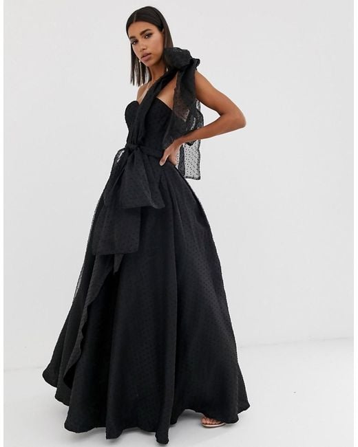 Bariano Black Full Prom One Shoulder Organza Maxi Dress With Detachable Bow Detail