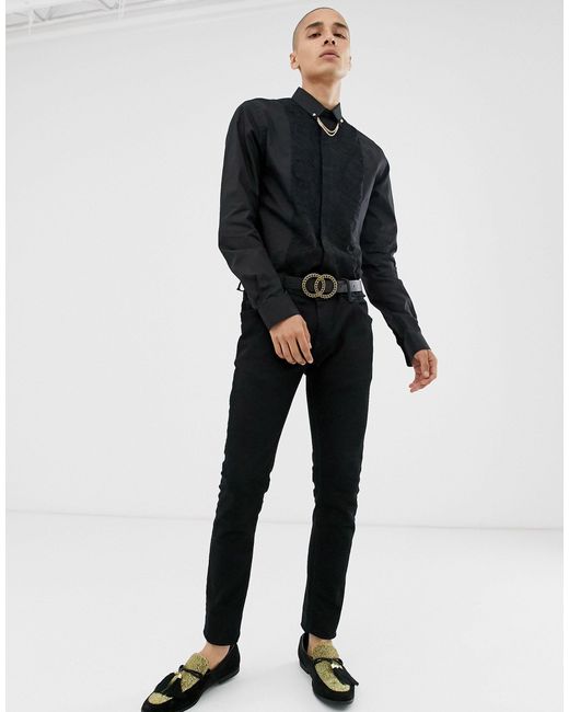 Twisted Tailor – Eng geschnittenes, schwarzes Hemd mit Spitzenbesatz und  goldener Kragenkette in Schwarz für Herren | Lyst DE