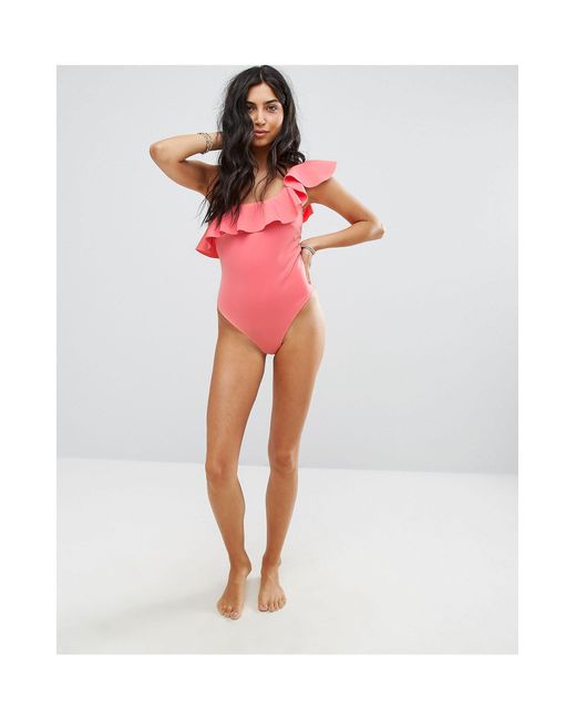 one shoulder frill swimsuit