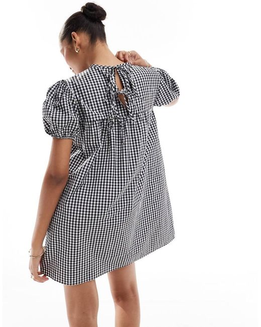 Vestido Negro A Cuadros Vichy De Estilo Babydoll Y Corte Amplio Con Mangas Abullonadas De ASOS de color Gray