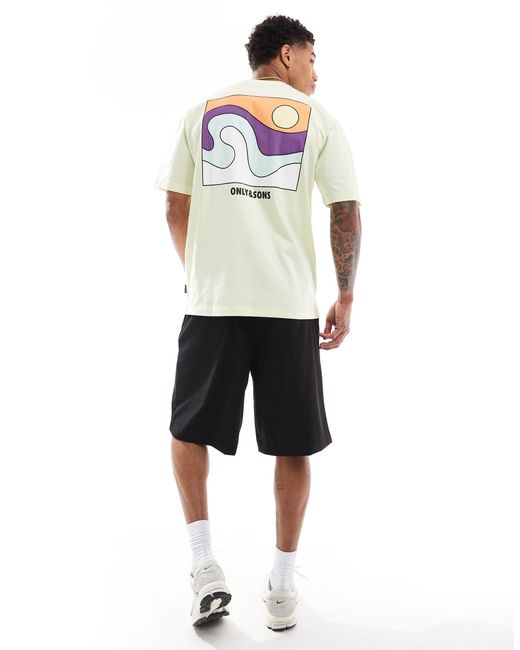 T-shirt décontracté avec imprimé plage effet color block au dos - citron Only & Sons pour homme en coloris White