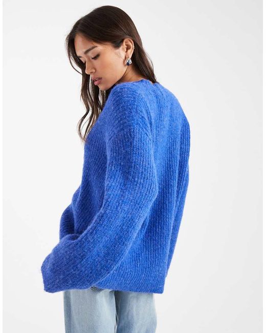 4th & Reckless Blue Wool Feel Ribbed Knit Wide Sleeve Oversized Sweater