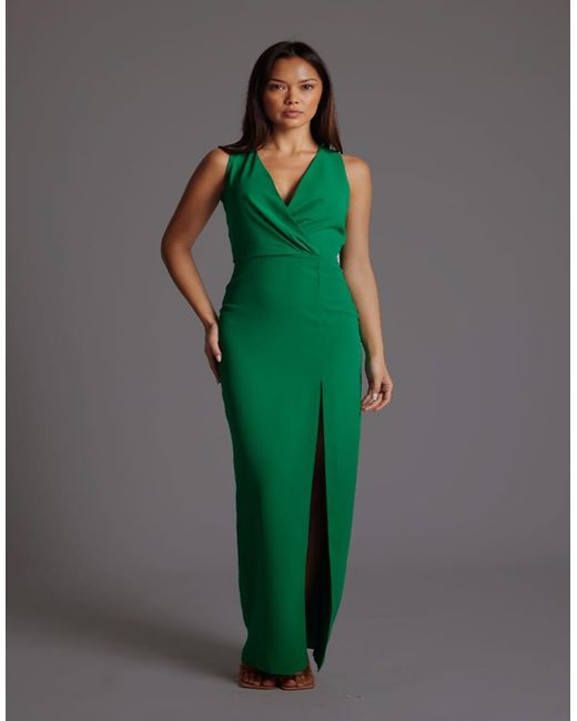 Vesper Green Wrap Front Maxi Dress With Thigh Split