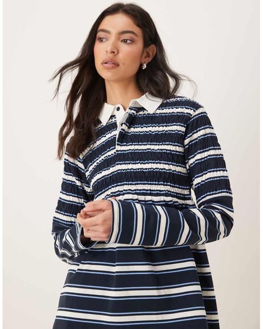 Nia Blue Barrington Shirred Striped Collared Polo Top