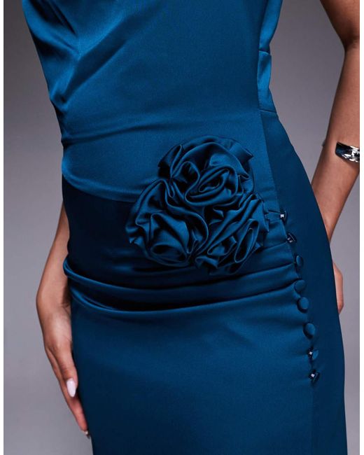 Jarlo Blue High Neck Satin Maxi Dress With Corsage Detail