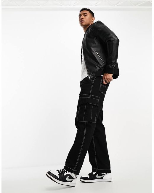Barney's Originals Black Dio-Washington Real Leather Bomber Jacket for men