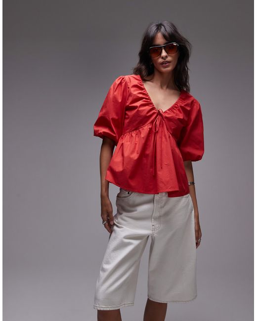 TOPSHOP Red Poplin Puff Sleeve Top