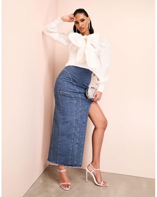 ASOS Blue Denim Midi Skirt With Split