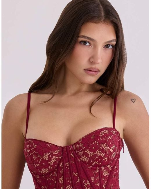 House Of Cb Red Rania Wine Lace Corset Top