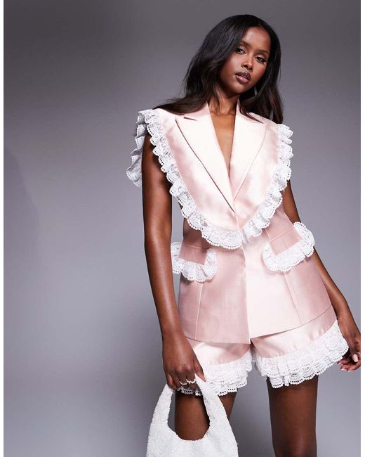 ASOS Pink Bonded Satin Waistcoat With Lace Trim