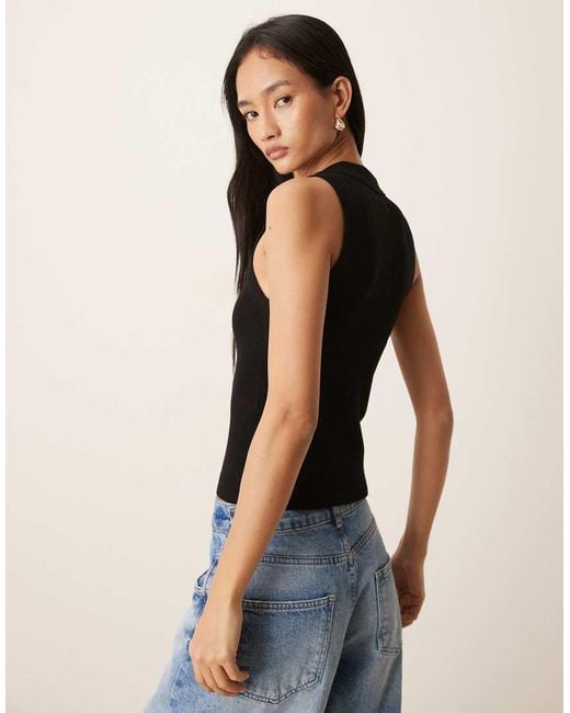 Jdy Blue Rib Knit Sleeveless Polo