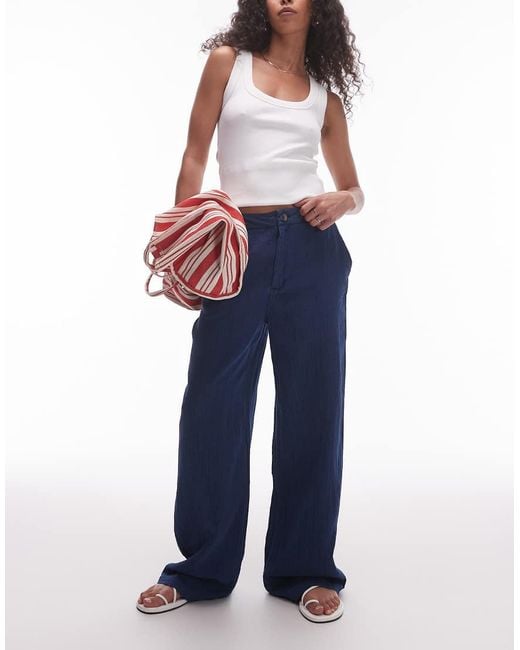 Pantalones De Pernera Recta Y Talle Alto De Algodón De Mango de color Blue