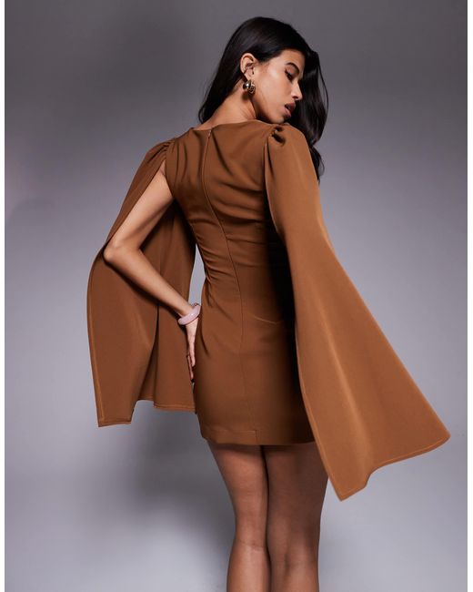 TFNC London Brown Crepe Mini Dress With Cape Shoulders