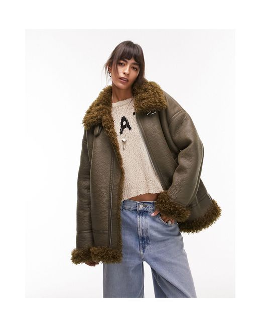 TOPSHOP Green Faux Leather Shearling Oversized Aviator Moto Jacket With shaggy Faux Fur
