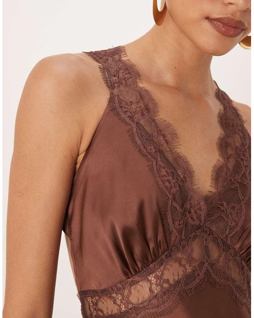 OMNES Brown Aurelia Satin Lace Trim Maxi Dress