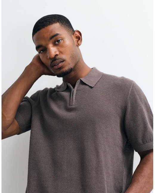 ASOS Gray Relaxed Knitted Pointelle Half Zip Polo for men
