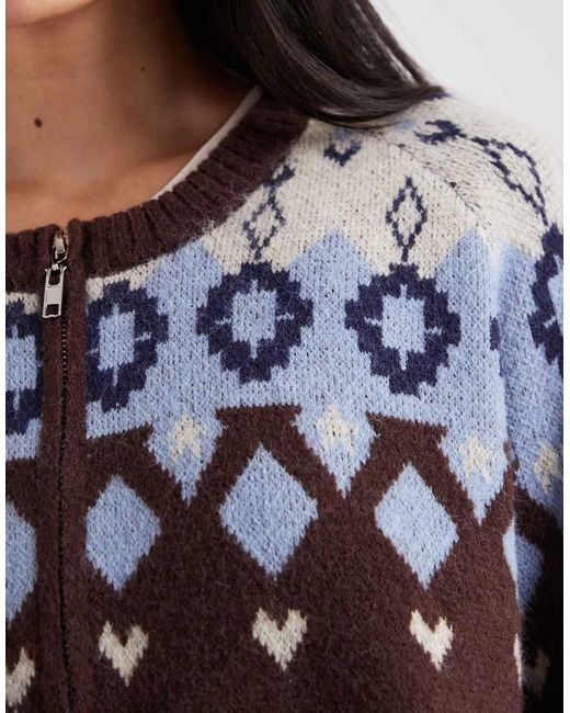 Daisy Street Brown Fair Isle Zip Up Graphic Jumper