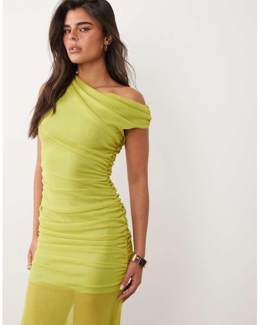 TFNC London Green Mesh Asymmetric Off Shoulder Ruched Sheer Hem Maxi Dress