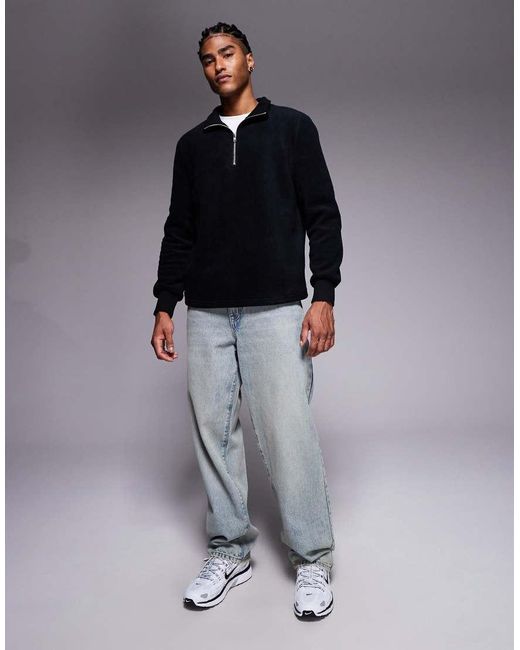 ASOS Black Funnel Neck Quarter Zip Fleece Sweatshirt for men