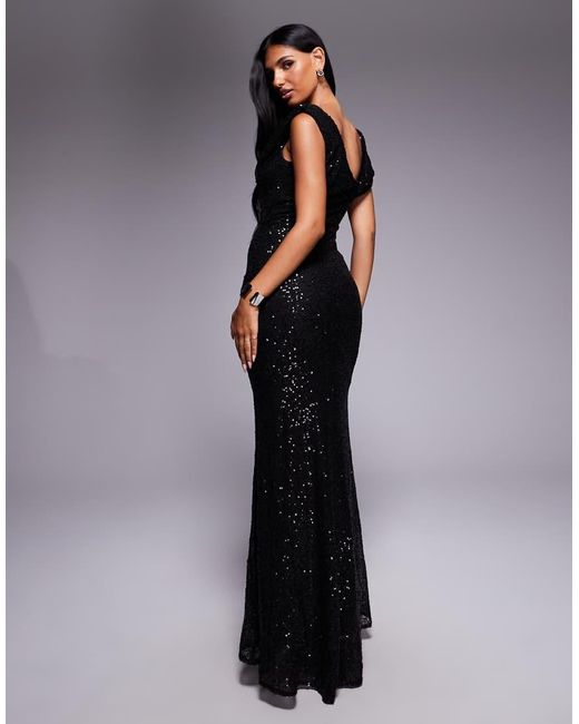 Goddiva Black Sequin Cowl One Shoulder Maxi Dress