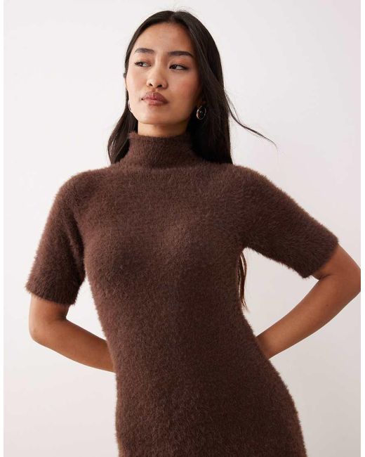 Pretty Lavish Brown Fluffy Knit Turtle Neck Short Sleeve Maxi Dress