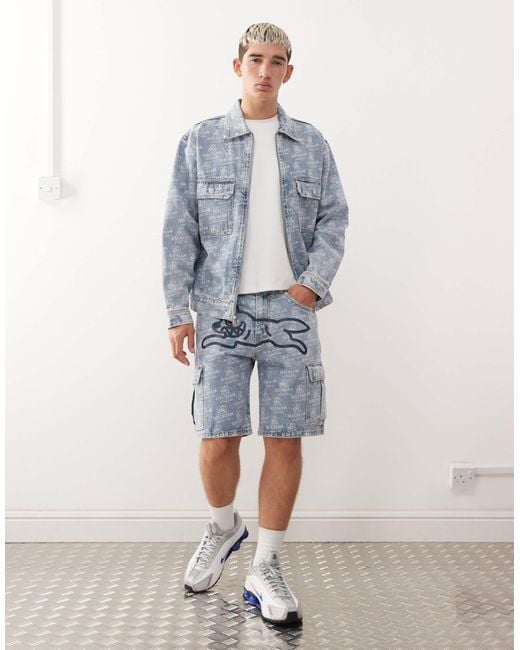 ICECREAM Blue Ice Cream Repeat Running Dog Print Co-ord Denim Shorts for men