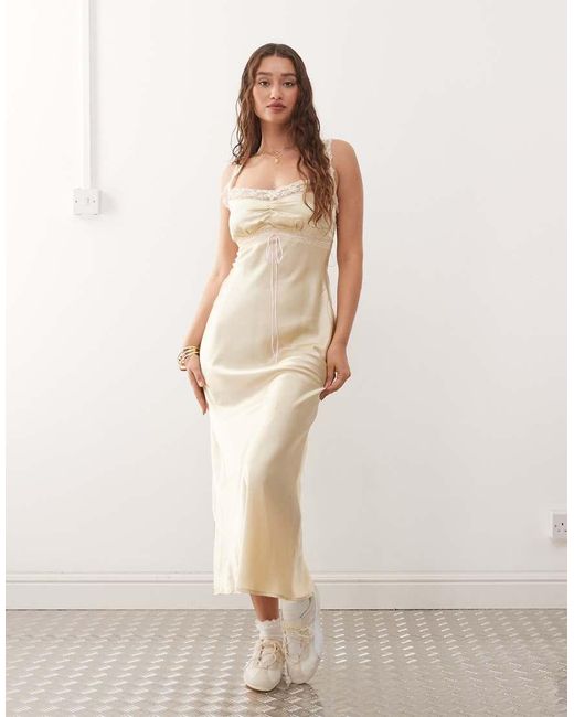 Reclaimed Vintage Natural Maxi Slip Dress With Contrast Pink Trim