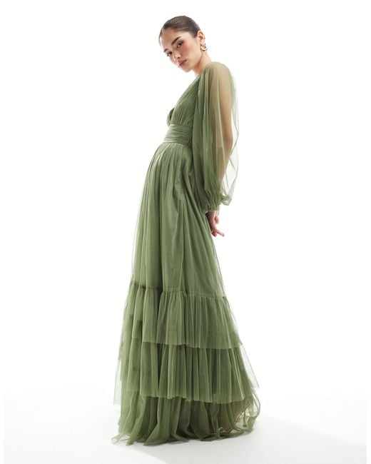 LACE & BEADS Bridesmaid Madison Long Sleeve Maxi Dress in Green | Lyst