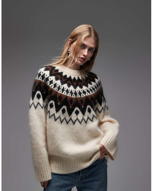 & Other Stories Gray Mohair And Wool Blend Fair Isle Style Knit Sweater With Brown Jacquard Zig Zack Pattern