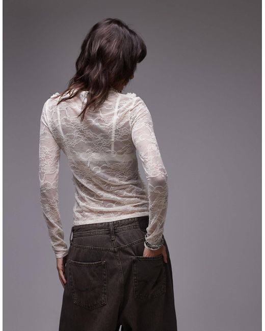 TOPSHOP Gray Lace Ruffle Front Long Sleeve Top