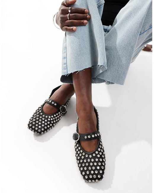ASOS Blue Luxe Premium Leather Embellished Mary Jane Ballet Flat