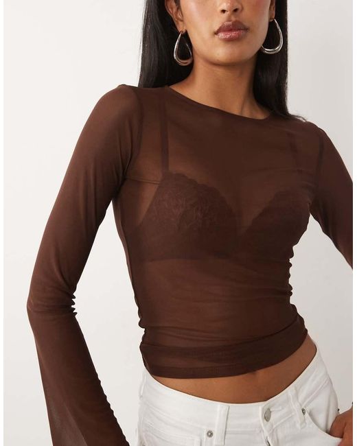 ASOS Brown Sheer Mesh Flare Long Sleeve Top